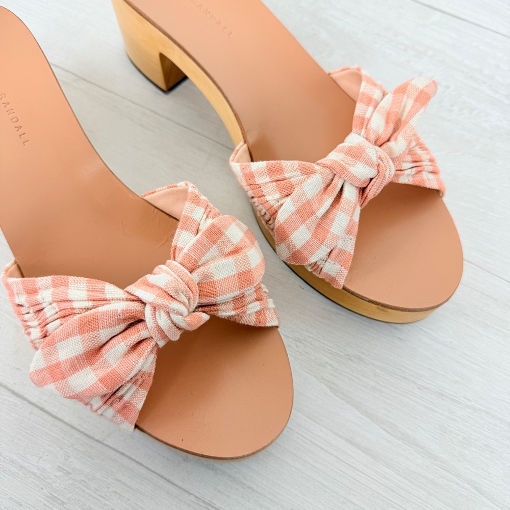 Anthropologie Loeffler Randall Clog Sandals Size 9 Pink Gingham Bow Wooden Heel - Picture 8 of 13